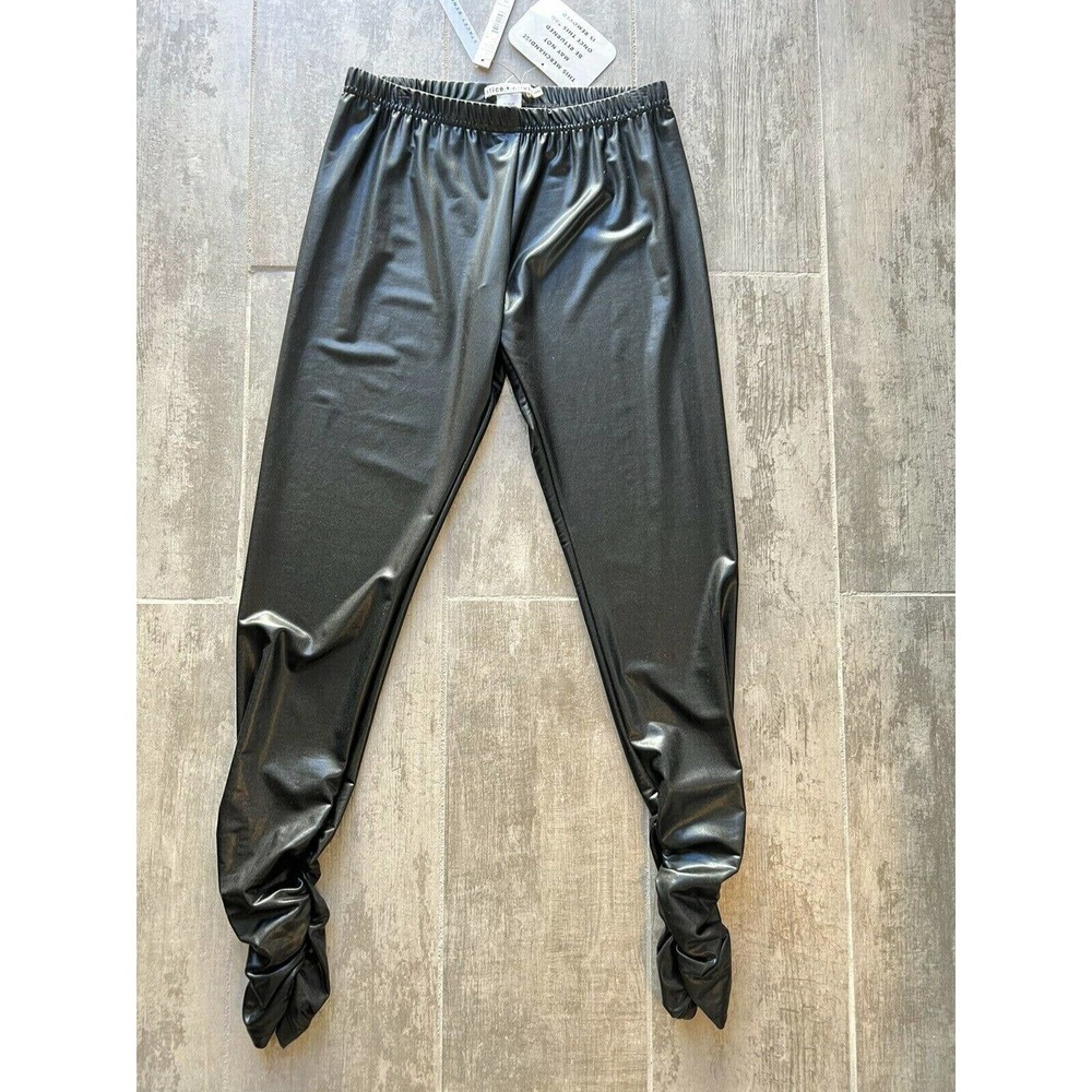 ALICE + OLIVIA Spandex Faux Leather Scrunch Detail Black Leggings Designer NEW M